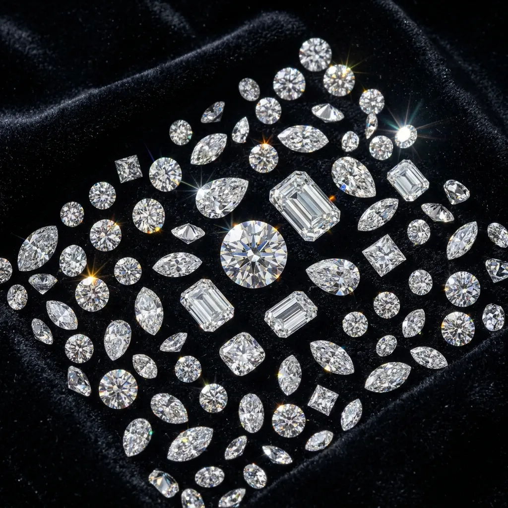 A flatlay of various polished diamonds